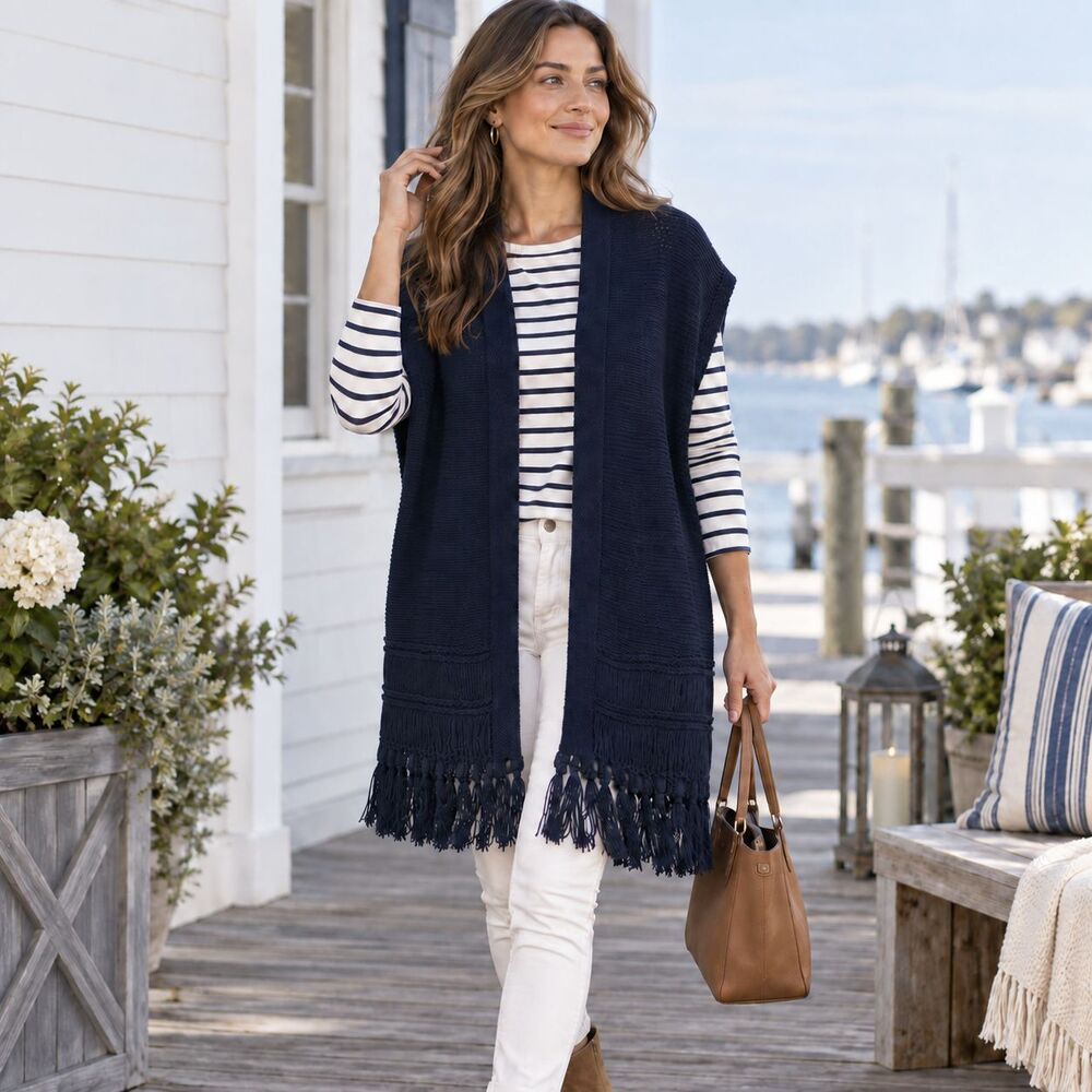 Lilly Pulitzer Sweater Vest Womens XXS/XS Navy Open Knit Fringe Longline